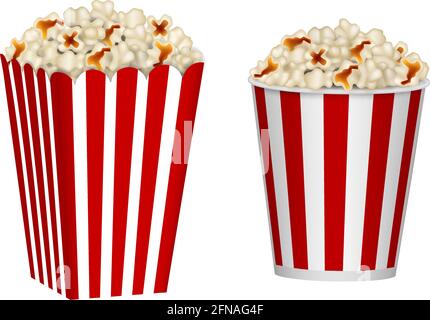 Récipients isolés en carton de pop-corn. Seaux à pop-corn à rayures rouges et blanches Illustration de Vecteur