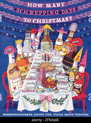 1954 Publicité de Noël britannique pour les boissons non alcoolisées Schweppes, illustrée par Sheila Robinson. Banque D'Images