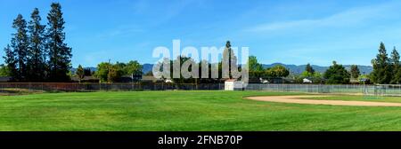 Vue panoramique sur un softball vide, un terrain de baseball, des arbres et de l'herbe verte dans le quartier résidentiel typique des états-Unis. Banque D'Images