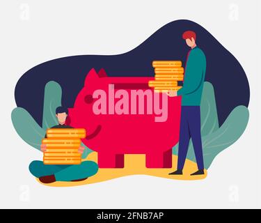 homme d'affaires économisant de l'argent dans l'illustration de vecteur de banque de piggy dans l'appartement style Illustration de Vecteur