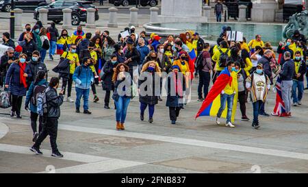 Londres, Royaume-Uni - 5 mai 2021 : manifestation colombienne à Trafalgar Square. Banque D'Images