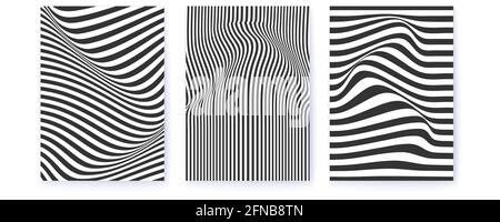 Ensemble de mises en page avec des lignes ondulées déformées. Motif monochrome avec bandes fluides. Arrière-plan optique minimaliste. Illustration vectorielle. Illustration de Vecteur