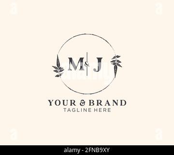 Lettres MJ cadres floraux. Décoration unique en monoline préfaite, modifiable et féminine, pour une carte de vœux, une invitation à un mariage. Illustration de Vecteur