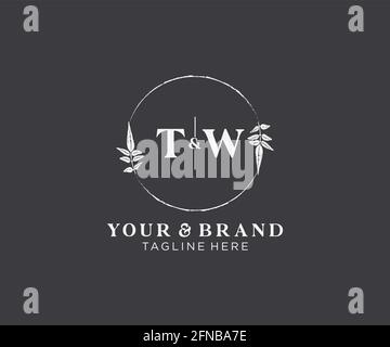 TW lettres florales cadres. Décoration unique en monoline préfaite, modifiable et féminine, pour une carte de vœux, une invitation à un mariage. Illustration de Vecteur