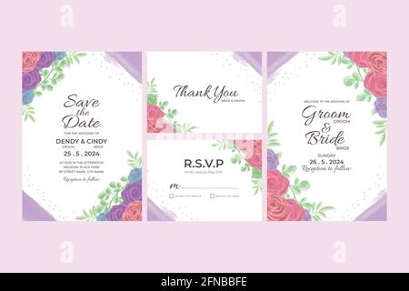 Modèle de carte d'invitation de mariage avec décorations florales aquarelle pour mariage, douche de mariée, douche de bébé, fête d'anniversaire et moment mémorable Illustration de Vecteur