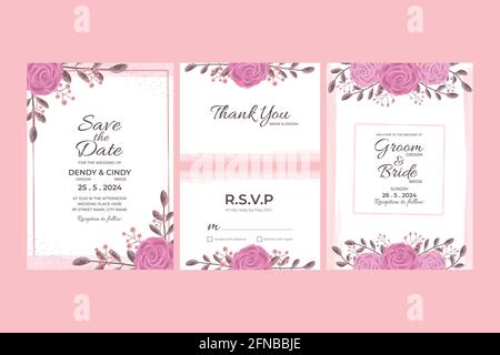 Modèle de carte d'invitation de mariage avec décorations florales aquarelle pour mariage, douche de mariée, douche de bébé, fête d'anniversaire et moment mémorable Illustration de Vecteur