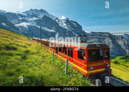 Chemin de fer de montagne avec train touristique moderne en roue dentée rouge sur la pente. Un des plus célèbres chemins de fer, Jungfraujoch, Kleine Scheidegg, Grindelwald, soit Banque D'Images