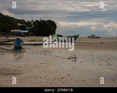 Kaimana, Arguni Bay, Indonésie - février 2018 : bateaux en bois colorés sur la plage à marée basse au port d'une petite ville sur la tête d'oiseau Peninsul Banque D'Images