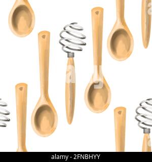 Motif sans couture avec outils de cuisson sur fond blanc. Spatules en bois, cuillères, fouet, cuillères graduées. Dessiné à la main en aquarelle. Banque D'Images