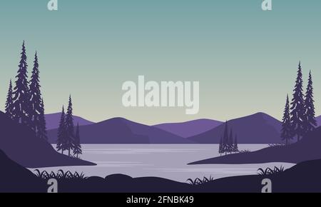 Vue fantastique sur les montagnes depuis la rive le matin. Illustration vectorielle d'une ville Illustration de Vecteur