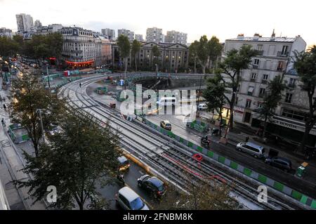 Chantier de construction du tramway T3, Paris, Ile-de-France, France Banque D'Images