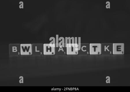 Brecht, Belgique - 28 juillet 2020 : un portrait de lettres scrabble en noir et blanc, qui sont mélangées, mais en fait, épelent les mots noir et blanc si y Banque D'Images