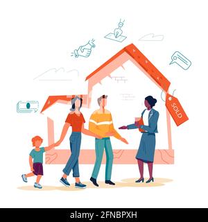 Agent immobilier avec famille faire accord, illustration vectorielle plate. Illustration de Vecteur