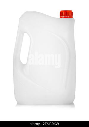 Le Canister de plastique blanc avec un couvercle rouge arrière-plan blanc Banque D'Images