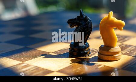 Deux morceaux d'un chevalier d'échecs, blanc et noir, sur un vieux échiquier. Banque D'Images