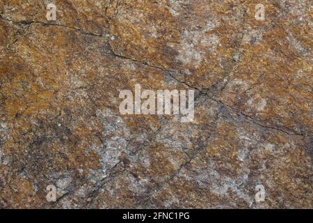 Texture de pierre naturelle. Une pierre de granit gris avec des fissures et des taches rouillées. Banque D'Images