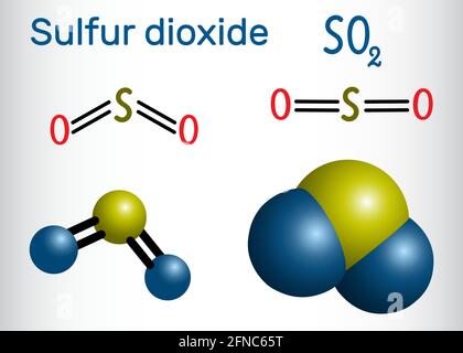 Molécule de dioxyde de soufre (dioxyde de soufre, SO2). Formule chimique structurelle et modèle moléculaire. Illustration vectorielle Illustration de Vecteur