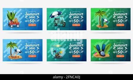 Soldes d'été, jusqu'à 50 de rabais, bannière web colorée et lumineuse pour votre site Web avec icônes d'été, lettres et boutons. Modèle bleu et vert avec liquide Banque D'Images