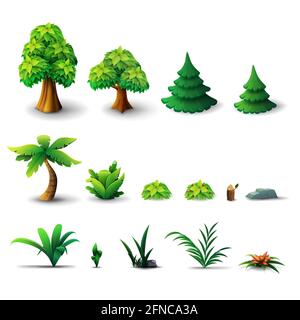 Grande collection d'arbres et d'arbustes isolés sur fond blanc. Pins, arbres à feuilles caduques, palmiers, arbustes et fleurs dans un dessin animé tridimensionnel Banque D'Images