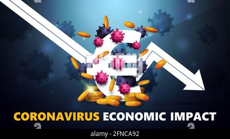 Impact économique du coronavirus, bannière noire et bleue avec un signe d'euro blanc tridimensionnel avec des pièces d'or autour, entouré de molécules du coronavirus Banque D'Images