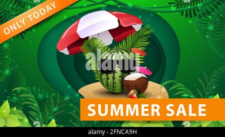 Seulement aujourd'hui, vente d'été, bannière Web de rabais vert pour vos affaires avec pastèque dans des lunettes de soleil et cadre de jungle tropicale Banque D'Images
