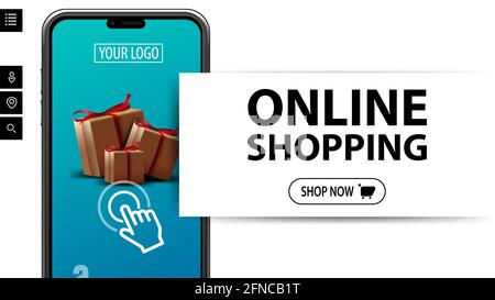 Shopping en ligne, bandeau minimaliste blanc moderne pour site Web avec grand titre, bouton et grand volume smartphone avec des boîtes de cadeaux à l'écran Banque D'Images