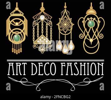 Boucles d'oreilles dorées avec perles et émeraude dans le style art déco. Ensemble de quatre bijoux anciens uniques, élégant pendentif original en filigrane. Illustration de Vecteur