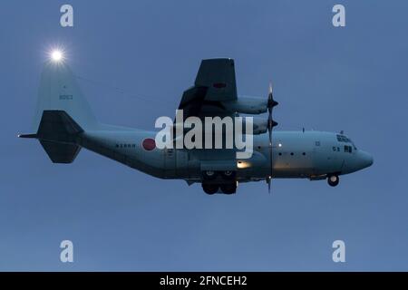 Un avion Hercules Lockheed C130 avec la Force d'autodéfense maritime japonaise vole à bas niveau près de l'installation navale de Kanagawa. (Photo de Damon Coulter / SOPA Images / Sipa USA) Banque D'Images