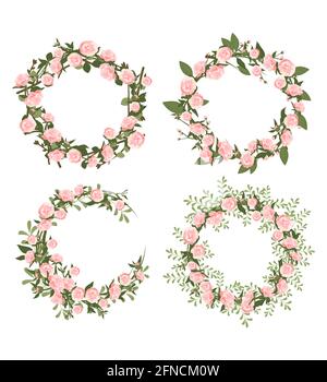 Ensemble couronne de pivoines. Cadre rond, jolies fleurs roses et feuilles. Décorations de fête pour mariage, vacances, carte postale, poster et design Illustration de Vecteur