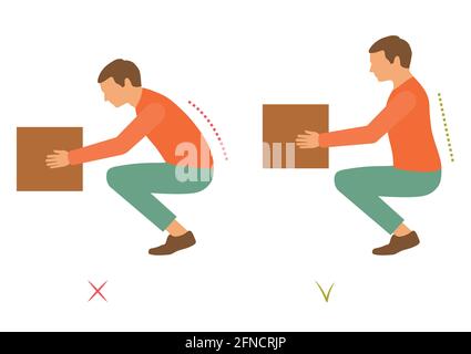 illustration vectorielle de la bonne posture de levage, homme soulevant caisse lourde, soins de santé Illustration de Vecteur