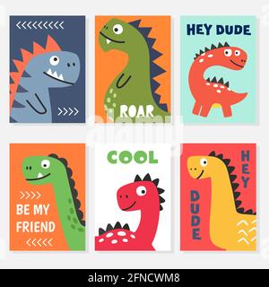 Ensemble d'illustrations vectorielles colorées et lumineuses avec un sourire amusant et amical personnages dino de dessin animé pour t-shirt et affiches et autres dessins imprimés Illustration de Vecteur