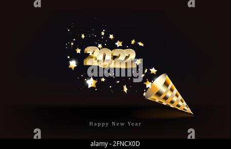 Golden 2022 numéros, un cône de fête et des confettis scintillants isolés sur le noir. Bonne année Illustration de Vecteur