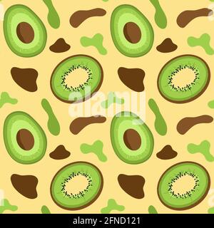 Kiwi à l'avocat et formes organiques abstraites motif sans couture, illustrations vectorielles à l'avocat et au kiwi en demi-tranches Illustration de Vecteur