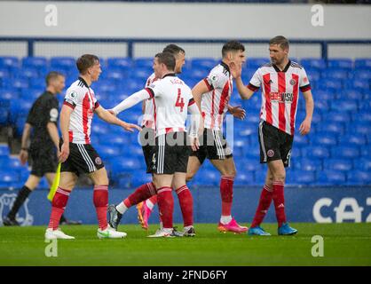 Goodison Park, Liverpool, Merseyside, Royaume-Uni. 16 mai 2021. English Premier League football, Everton contre Sheffield United ; Sheffield United fêtent après Daniel Jebbison de Sheffield United les scores de 0-1 à la 7e minute Credit: Action plus Sports/Alamy Live News Banque D'Images