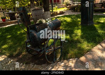 Décorations décoratives de cave de vinification, bancs, lits de fleurs Banque D'Images
