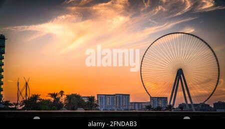 Coucher de soleil sur l'île de Bluewaters, avec la célèbre roue Ain Dubai Ferris en construction, avec point de tir de Marina Beach, photo parfaite pour les couchers de soleil, tr Banque D'Images