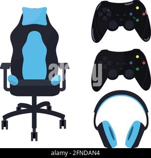 Jeu d'équipements de jeu : manette (joystick), casque (casque) et chaise de jeu. Dessiné en bleu et noir, style minimaliste. Illustration de Vecteur