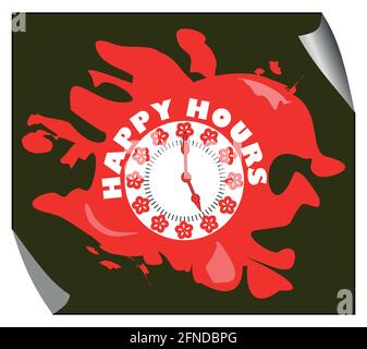 Grunge happy hours pictogramme de couleur rouge avec cadran d'horloge sur fond noir Illustration de Vecteur