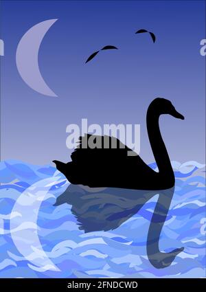 Image de nuit - silhouette d'un cygne sur la surface de l'eau avec reflet de la lune Illustration de Vecteur
