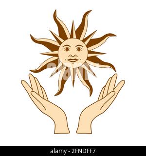 Dessin mystique, les mains de la femme tiennent le soleil. Cercle d'une phase de la lune. Géométrie sacrée. Illustration de Vecteur