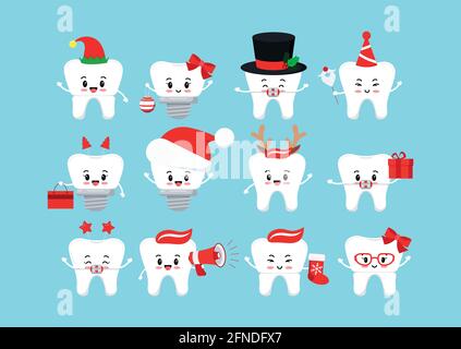 Chistmas smilling dents icône dentaire ensemble isolé. Illustration de Vecteur