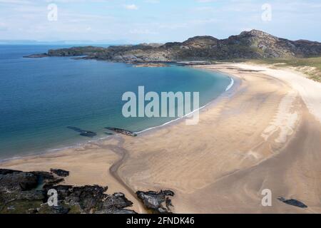 Vue aérienne de la plage de la baie de Kiloran sur l'île de Colonsay, les Hébrides intérieures, Argyll et Bute, Écosse Banque D'Images