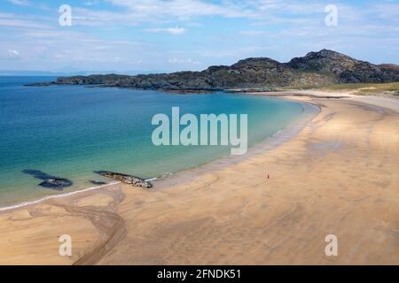 Vue aérienne de la plage de la baie de Kiloran sur l'île de Colonsay, les Hébrides intérieures, Argyll et Bute, Écosse Banque D'Images