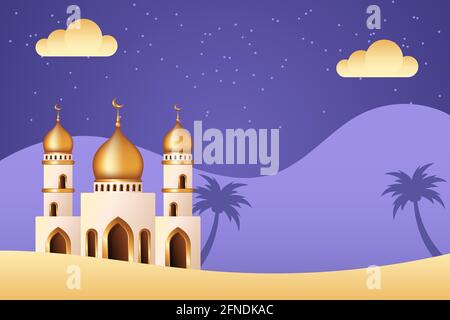 Fond islamique avec mosquée au milieu du désert. Fond islamique adapté au Ramadan, Eid al Adha, Eid al Fitr. Illustration de Vecteur