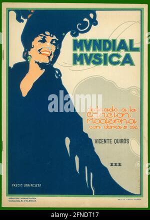 Portada de la revista Mundial Musica, dededicada a la canción moderna, con obras de Vicente Quirós. Valence, año 1917. Banque D'Images