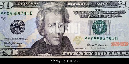 Côté opposé de 20 dollars portrait, vingt dollars américains fond de billet, foyer sélectif, dollars américains billet avec la photo d'un Banque D'Images