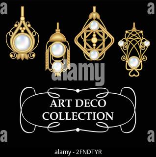 Collection d'élégants boucles d'oreilles en or avec perles art déco. Design classique symétrique, bijou pour les occasions festives. Illustration de Vecteur