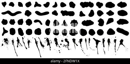 Formes aléatoires, sangs noirs et éclaboussures de forme irrégulière. Silhouettes organiques abstraites - l'encre, les splodges amorphes liquides, l'encre simple et Illustration de Vecteur