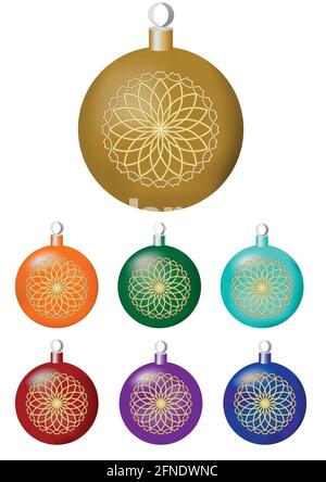 Lot de boules de noël classiques au décor doré avec cercle fin. Élément de conception isolé de différentes couleurs - or, orange, bleu, rouge, violet, vert Illustration de Vecteur