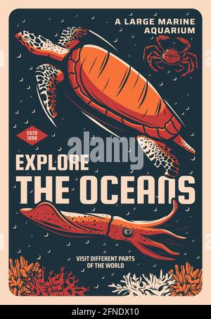 Tortue de mer, crabe de pierre et calmar géant dans l'aquarium marin croquis de bannière vectorielle. Animaux de l'océan et créatures exotiques tropicales de haute mer, oceanarium sauvage Illustration de Vecteur